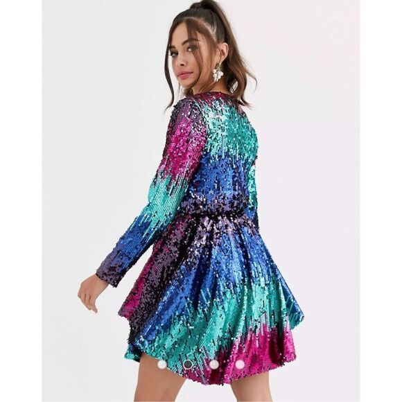 Collective The Label Ombre Sequin Long Sleeve Fuchsia & Teal Mini Dress Women's - Picture 2 of 12